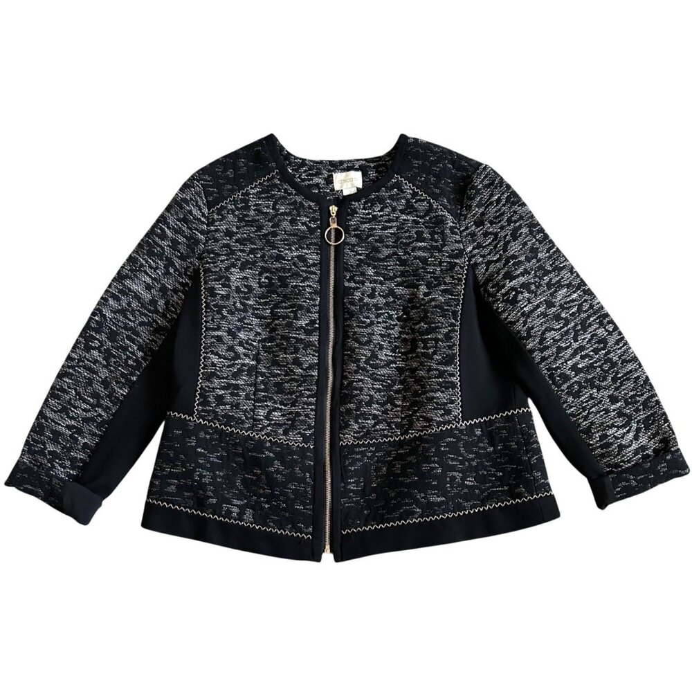 Chicos Women's Size L Jacquard Jacket Blazer Suit Black & White Gold